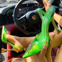 Pointed, glass heel, fluorescent green, transparent, shallow mouth sandals