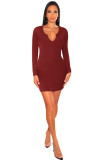 Casual, solid, low cut, V-neck, tight fitting, long sleeve, dress