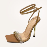 Rhinestone, chain, i-belt, square head, thin high heels, sandals