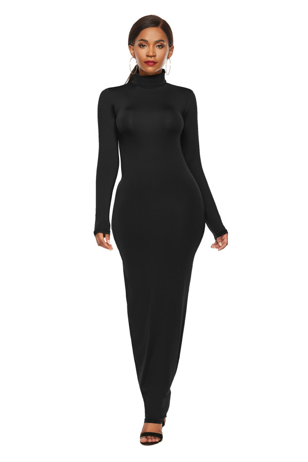 Fashion, solid color, long skirt, long sleeve, elastic, slim, high collar, dress