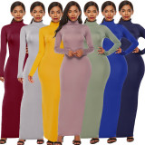 Fashion, solid color, long skirt, long sleeve, elastic, slim, high collar, dress