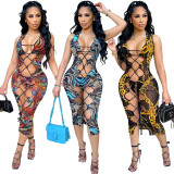 Mesh, printing, perspective, hollowed out, swimsuit, dress, three piece set