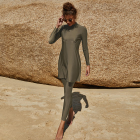 Muslim, long sleeved swimsuit, suit, conservative, pleated, half high collar, swimsuit two-piece set