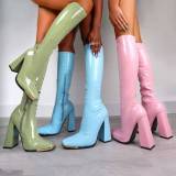 Square head, thick heel, bright leather, high heel, long tube, zipper boots