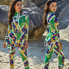 Printed, high neck, long sleeve, sunscreen one-piece swimsuit, Muslim, swimsuit