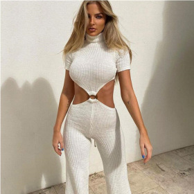 Fake two pieces, half high collar, bandage, hollow wide leg pants