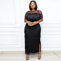Perspective, mesh, splicing, tassel, high waist, dress