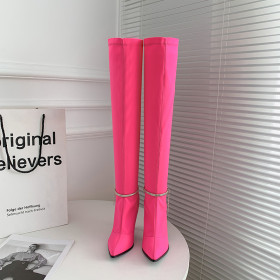 Pointed, stiletto, elastic, metal knee high boots