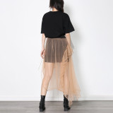Ruffle, irregular, high waist, mesh, skirt, two piece set