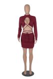 Long sleeve, solid color, dress, bandage wrap chest nightclub