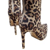 Leopard print, pointed head, women's boots, thin heels, suede