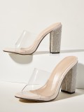 Thick heels, rhinestones, high-heeled sandals, transparent, large slippers