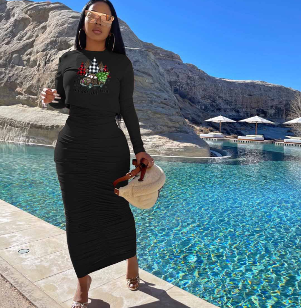 Solid color, long sleeve, round neck, pullover, skirt suit