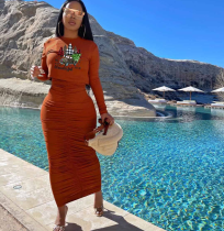 Solid color, long sleeve, round neck, pullover, skirt suit