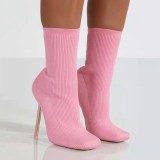 Square head, thin heel, knitted socks, boots, elastic, high heels, medium boots