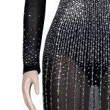 Diamond inlaid, long sleeved, dress, nightclub suit