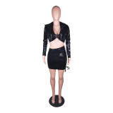 PU leather, hanging neck, small coat, drawstring skirt, high elastic three piece set