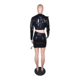 PU leather, hanging neck, small coat, drawstring skirt, high elastic three piece set