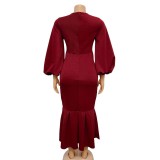 V-neck, long sleeve, Hip Wrap, fishtail dress