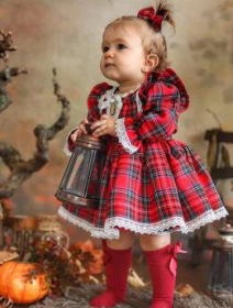 Children, red plaid, lace, Christmas Dress