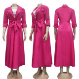 Long sleeve, solid color, suit collar, casual, long dress with belt