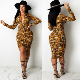 Leopard print, V-neck, slim fit, medium length dress, nightclub skirt