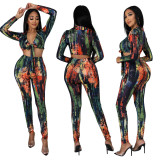 Tight fitting, printed, bandage, two piece set, long sleeve set