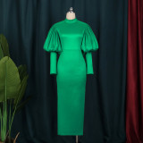 Round neck, lantern sleeve, high waist, solid color, banquet evening, dress