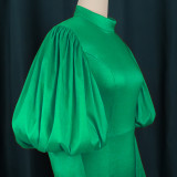 Round neck, lantern sleeve, high waist, solid color, banquet evening, dress