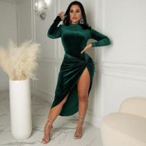 Velvet, high neck, knotted skirt, two-piece set, suit