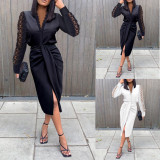V-neck, lace, long sleeves, buttocks wrapped, waist closed, dress