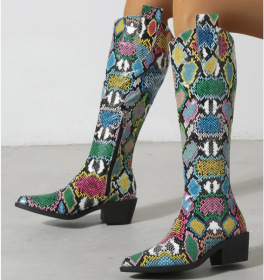 Pointed head, thick heel, middle heel, colored snake pattern, high boots