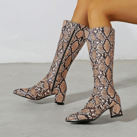 Pointed head, thick middle heel, snake pattern, side zipper, high boots