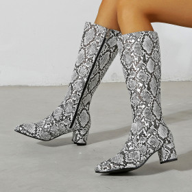 Pointed head, thick middle heel, snake pattern, side zipper, high boots