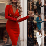 Solid color, V-neck, double breasted, suit, Hip Wrap Dress