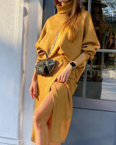 High neck, bat sleeve top, irregular skirt, two dresses