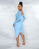 Two piece set, pleated, long sleeved, suit skirt