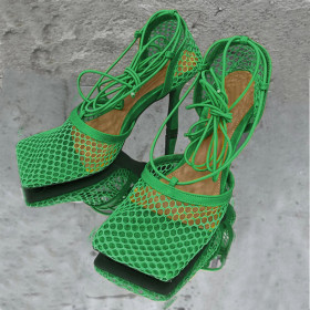 Copy Mesh, breathable, square head, bandage, high-heeled sandals