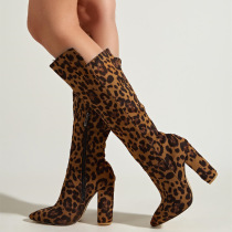 Pointed head, thick heel, high heel, suede, leopard print, high boots