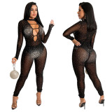 Mesh, perspective, hot drill, long sleeve, Jumpsuit