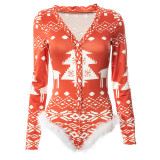 Casual print, round neck, button, long sleeve, Christmas one-piece