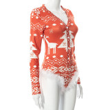 Casual print, round neck, button, long sleeve, Christmas one-piece