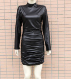 Imitation leather, long sleeves, stand collar, tight buttocks, dress