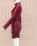 Imitation leather, long sleeves, stand collar, tight buttocks, dress