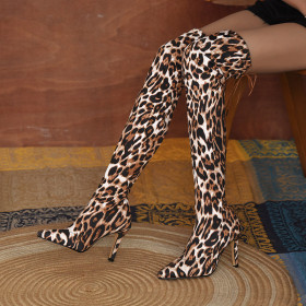 High boots, pointed, leopard print, over knee, high heels, elastic boots