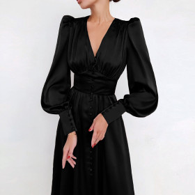 Satin, dress, lantern sleeves, slim dress