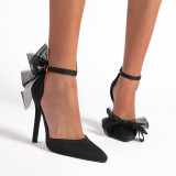 Women's shoes, bow tie, pointed head, i-belt, silk and satin, high-heeled single shoes