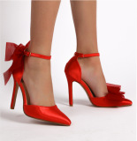Women's shoes, bow tie, pointed head, i-belt, silk and satin, high-heeled single shoes