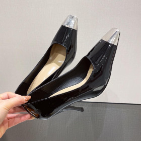 Square head, iron sheet, thin heel, high heel, patent leather, shallow mouth single shoe