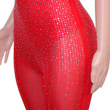 Mesh, perspective, hot drill, sleeveless, sling, Jumpsuit